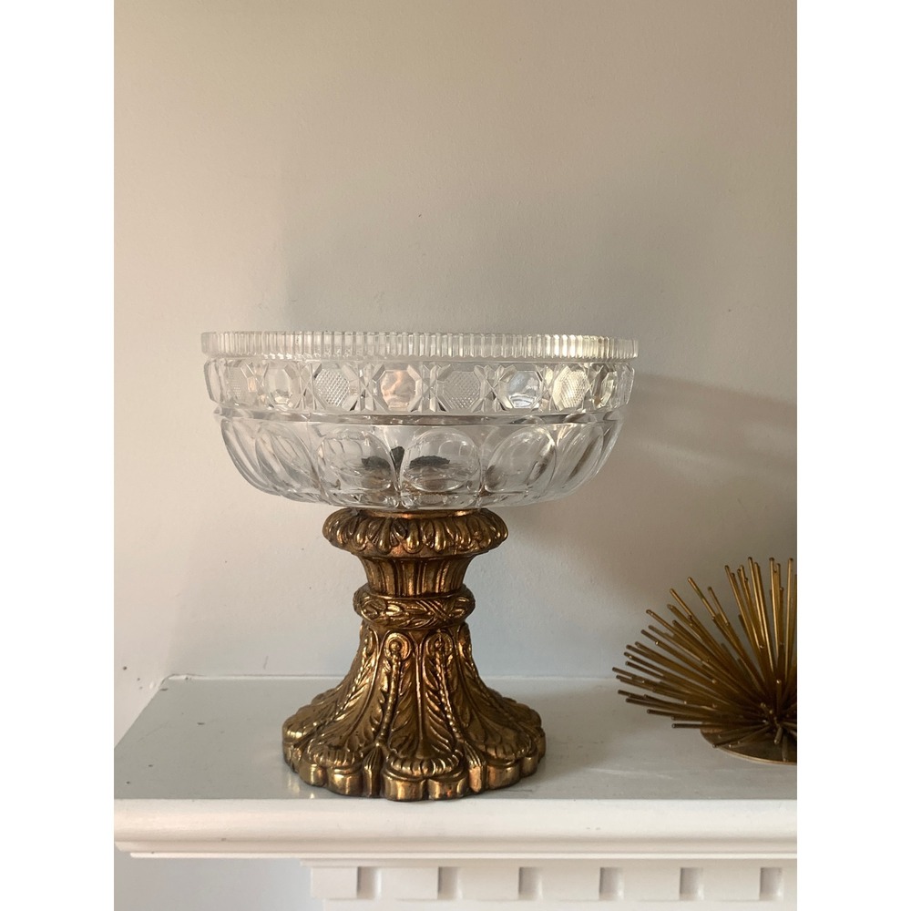 Vintage Cut Glass Centerpiece Bowl Ornate Gold Pedestal Base Hollywood Regency